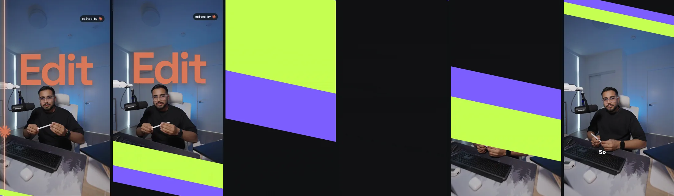 Six frames of a lime and purple wipe sweeping across the frame from one shot of Ishan to the next